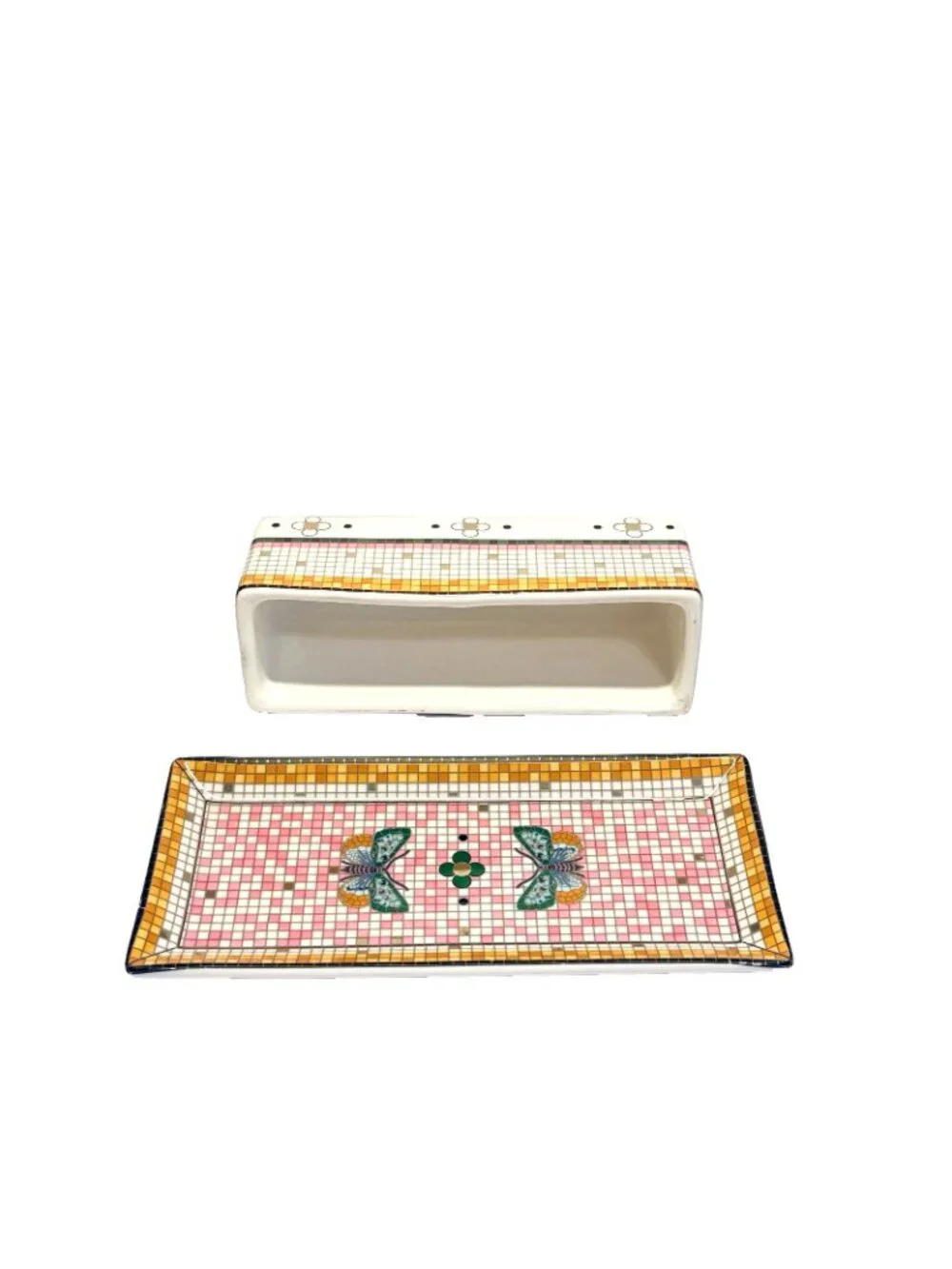Anthropologie Bistro Garden Tile Butterfly Pink Covered Butter Dish Stoneware